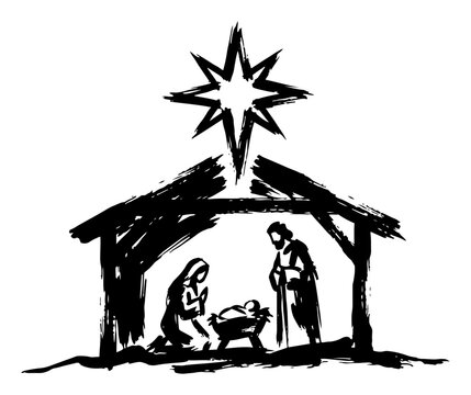 Nativity scene with holy family and bethlehem star in black ink sketch style