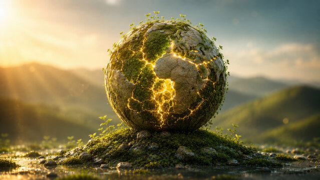 A glowing green earth ball sits on a mossy hill with sun rays shining through