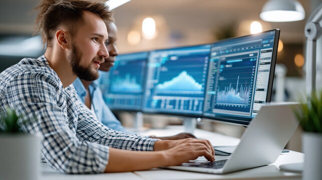 Diverse team of traders analyzing financial market data on multiple computer screens in a modern office