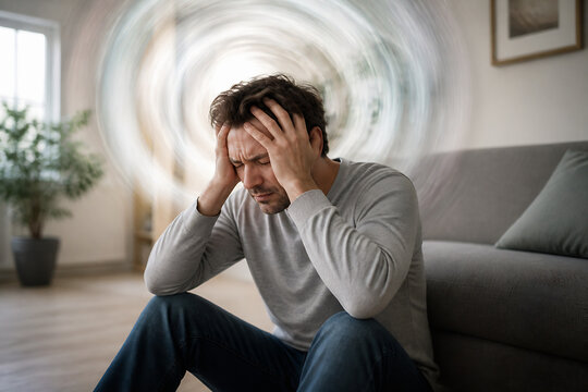 A man with his hands on his head is sitting dejectedly on a gray sofa in a bright room with a swirling light effect behind him.
