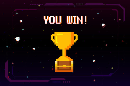 8-bit pixel art with text "You Win" and a big golden cup. retro game. for game assets in vector illustrations.