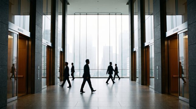 Silhouetted professionals walking through a modern corporate office building lobby with panoramic floor to ceiling windows overlooking a misty urban cityscape
