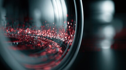 Fototapeta premium Close-up Macro View of Red Glitter Particles Swirling Inside a Clear Glass Container with Dramatic Lighting