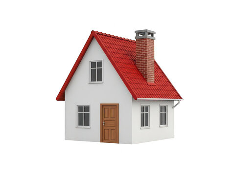 A small white house with a red roof and chimney isolated on transparent background
