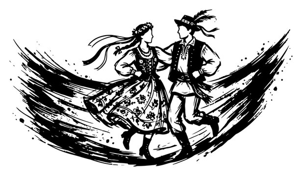 Folk dancing couple in traditional polish costumes in detailed ink sketch style
