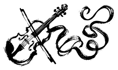 Violin and bow with abstract musical melody swirls in expressive ink sketch style © Logan