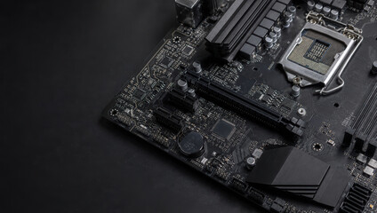 Fototapeta premium Motherboard circuit technology electronic component black computer hardware closeup detail. Modern motherboard circuit with electronic component