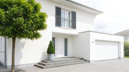 Fototapeta premium Modern white house with green tree and garage exterior view