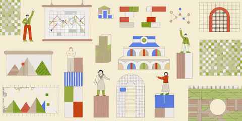 Fototapeta premium Minimalist Illustrated Characters And Architectural Elements Vector Illustration