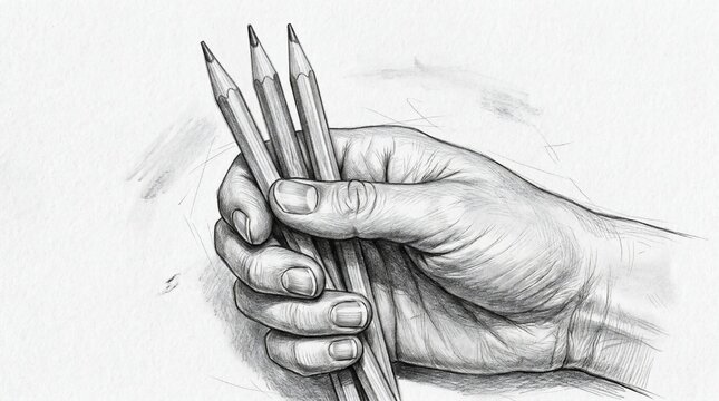 Hand holding three pencils sketch