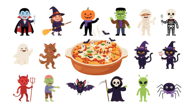 Halloween  large bowl of baked ziti character collection flat vector icon set
