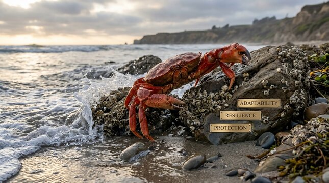 Red crab on rocky beach with conceptual business plaques