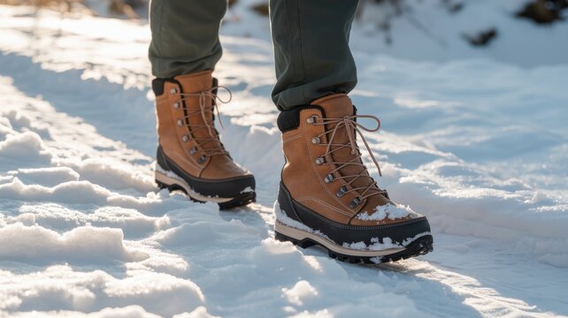 Person walking in snow wearing brown winter boots