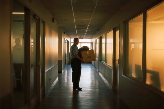 Man in professional uniform carrying a large cardboard box down a long office corridor illustrating career transition or moving day