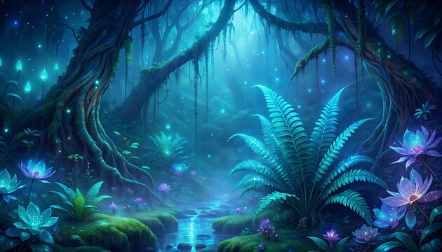 A mystical forest scene with glowing plants and a serene stream running through it