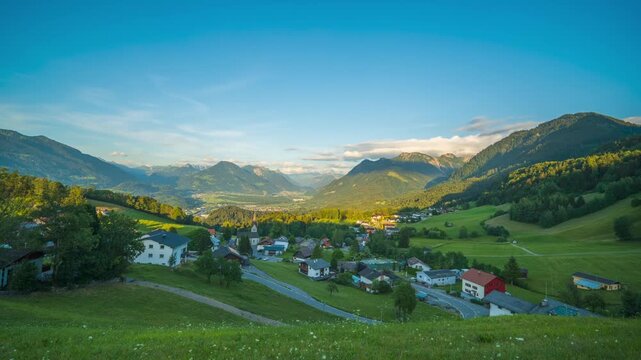 The village of Gurtis in the Walgau Valley, State of Vorarlberg, Austria, Timelapse Video during sunset