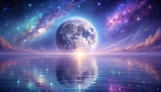 A serene and peaceful night scene with a large moon shining brightly over a calm body of water under a starry sky