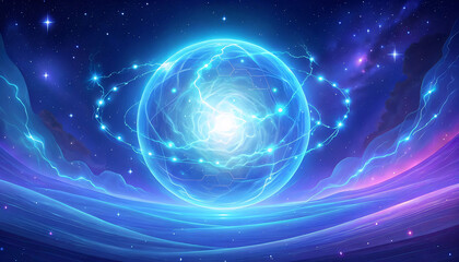 Naklejka premium A vibrant digital illustration of a glowing blue sphere surrounded by swirling purple and pink lights in a starry night sky