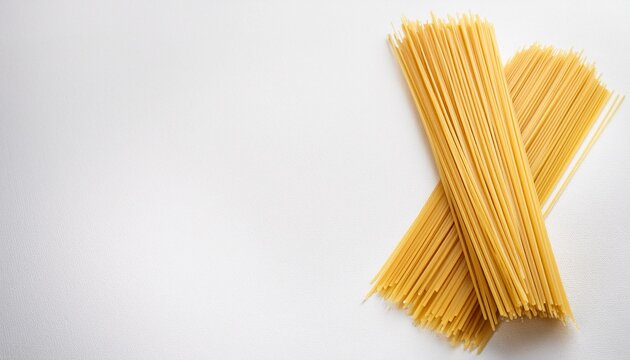 dry uncooked italian spaghetti pasta on white background long raw wheat noodles space for text