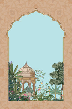 Traditional Mughal garden arch and chhatri dome in a seamless, intricate botanical plant illustration