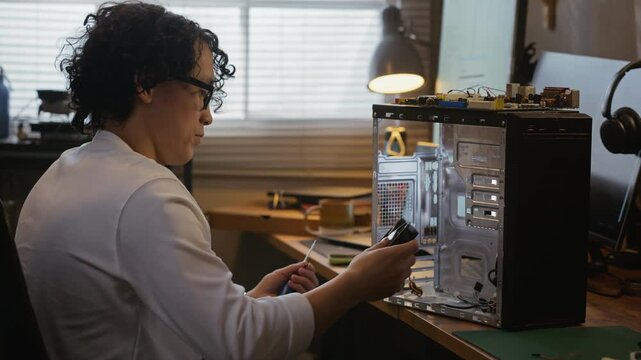 Young adult Asian technician unscrewing and removing cooling fan from desktop computer chassis. Clip is perfect for IT support services, hardware repair tutorials, or tech education promos