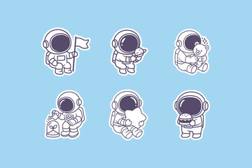Cute cartoon astronauts performing various daily activities like holding a flag planting a flower and eating a delicious tasty burger © DzgnVibe