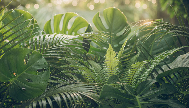A lush arrangement of tropical leaves in a serene and natural setting with sunlight filtering through