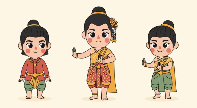 Chibi Style Thai Traditional Dancers in Classical Costumes Vector Illustration
