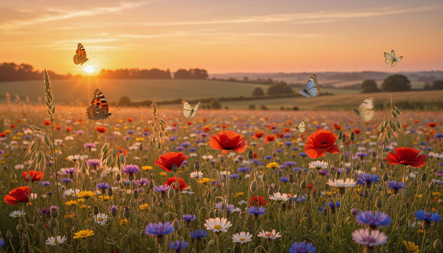 A serene field of vibrant wildflowers sways gently in the breeze as butterflies dance around them during a breathtaking sunset