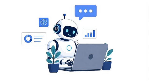 AI Assistant Working on Laptop Flat Vector Animation Background 4K
