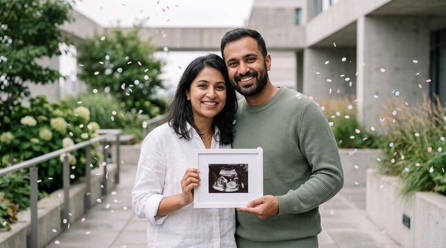 Happy South Asian couple holding baby ultrasound photo with falling confetti outdoors.