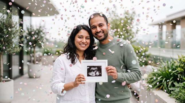 Happy Indian couple celebrating pregnancy news holding baby sonogram with falling confetti.