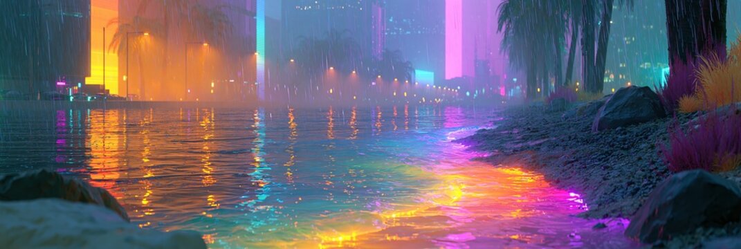 Cyberpunk Cityscape at Night with Neon Lights Reflecting on Water During Rain