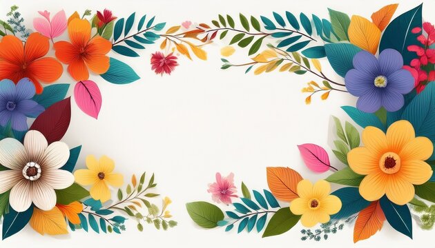 floral horizontal banner with colorful spring flowers and leaves on white background elegant flat design with botanical borders and central copy space ideal for headers invitations posters