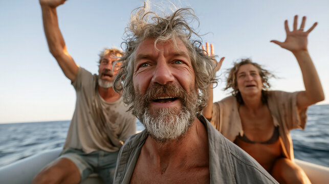 Weathered castaways signaling desperately from inflatable lifeboat, sun‑beaten and salt‑scarred, raising urgent arms toward a distant ship, exhausted survivors clinging to hope of finally being saved 