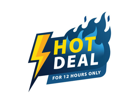 A blue and yellow hot deal vector graphic with flames and lightning bolt