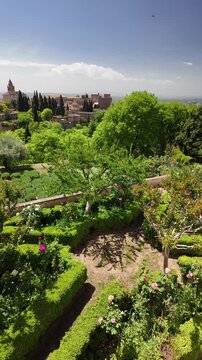 Panoramic vertical view of the Generalife Gardens in the Alhambra complex in Granada, Andalusia, Spain.