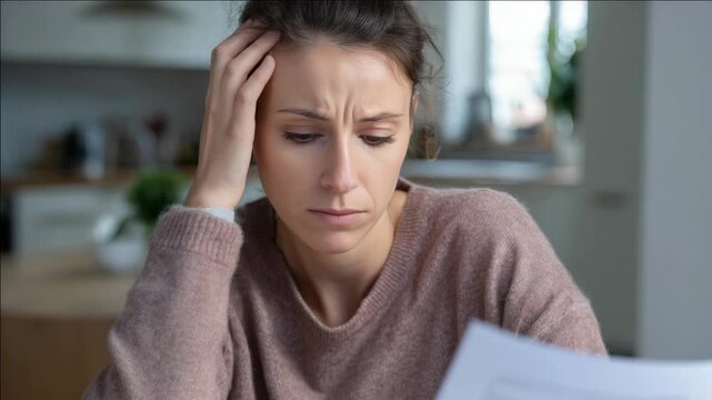 A woman sitting at a kitchen table with her hand on her head, looking down at papers or documents. She appears to be contemplating something seriously.