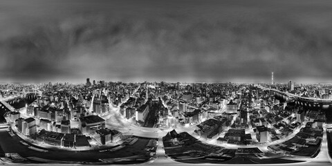 Naklejka premium Tokyo aerial night 360 panorama with illuminated skyline and urban city lights