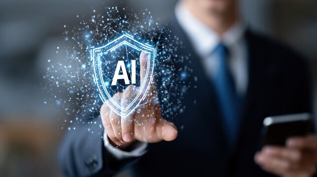 Businessman activating Artificial Intelligence security shield with digital particles and data network connection