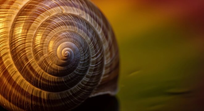 Macro close up of a textured snail shell spiral in golden warm light