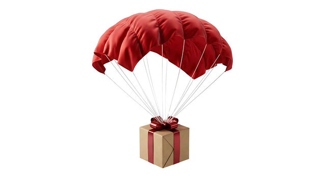Red parachute gift box floating in air isolated on transparent background Ai Generated