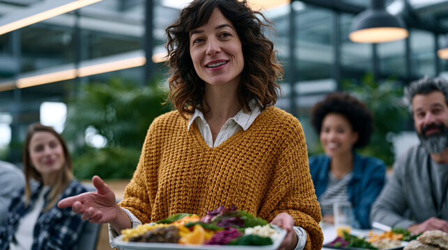 Corporate wellness coordinator presenting a colorful whole-food lunch program to attentive office employees in a glass-walled breakroom, illustrating employer-sponsored workplace nutrition initiativ