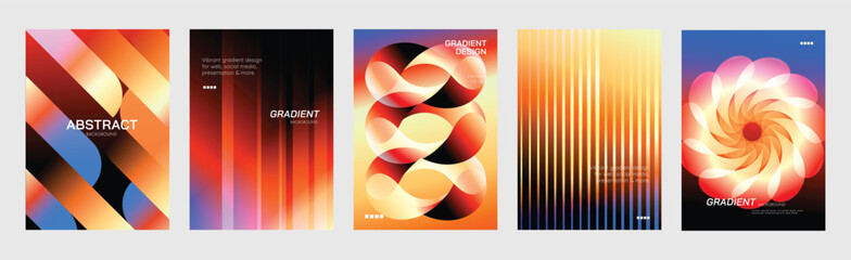 Fototapeta na wymiar Abstract red black poster templates set. Vector modern gradient cover designs with circular waves, spiral vortex, light beams and folded geometric shapes