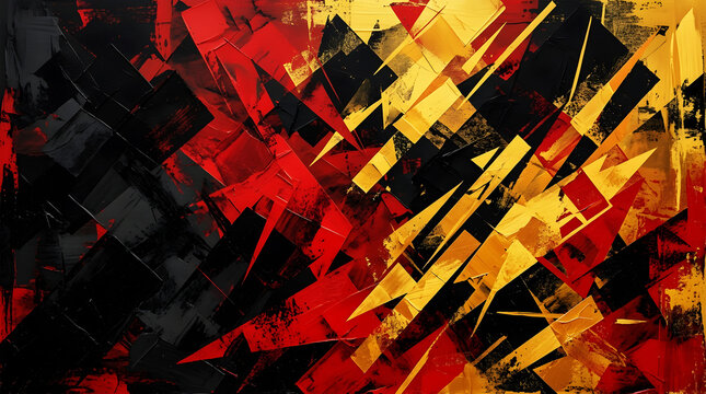 Abstract geometric pattern of jagged red, black, and gold shapes