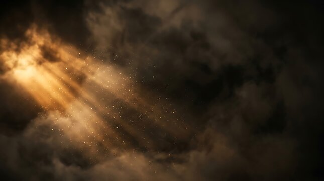 Sunbeams and golden light rays breaking through dark storm clouds with glowing dust particles creating a dramatic and inspirational atmosphere for success and vision.