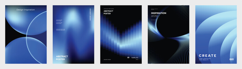 Blue gradient cover templates vector set. Abstract dark poster designs with glowing stripes, concentric rings and 3D spheres for flyer, brochure and presentation layout.
