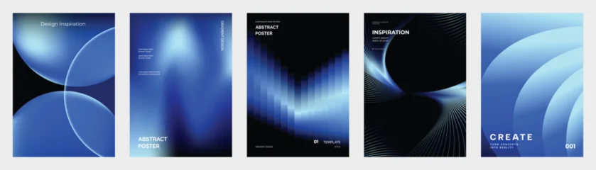 Blue gradient cover templates vector set. Abstract dark poster designs with glowing stripes, concentric rings and 3D spheres for flyer, brochure and presentation layout. © TWINS DESIGN STUDIO
