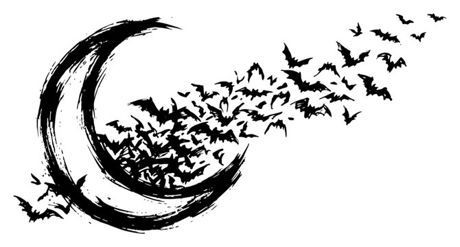 Crescent moon with swarm of flying bats in black and white brush stroke style