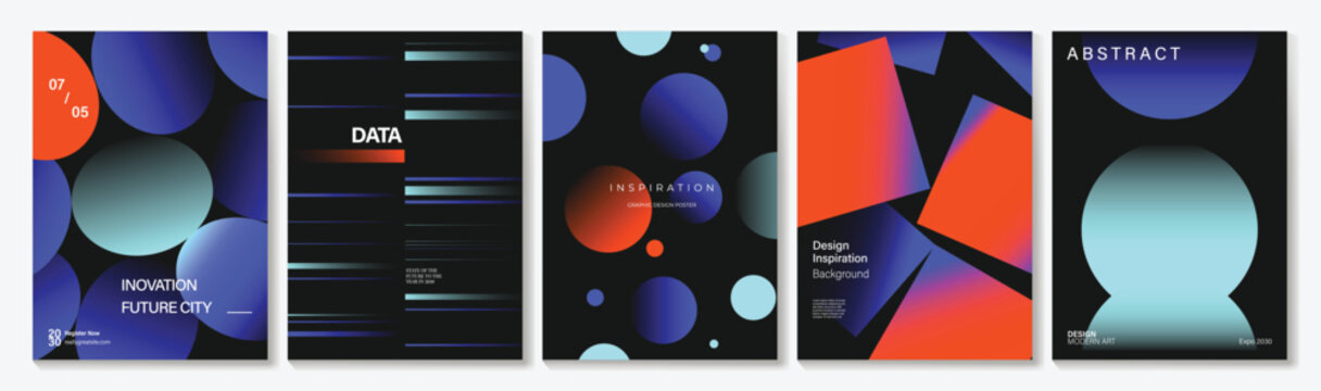 Abstract geometric poster templates set. Vector modern gradient cover designs with dark background, blue orange spheres, lines, circles and bold shapes